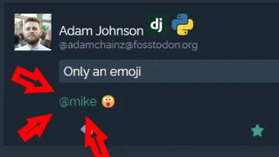 A screenshot of Adam Johnson's comment. The comment is a content subject labeled "Only an emoji" with three red arrows pointing at non-emoji text.